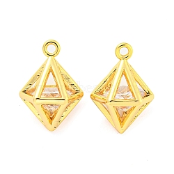 Brass Pave Cubic Zirconia Pendants, Rhombus, Clear, Real 18K Gold Plated, 15x10.5x9mm, Hole: 1.2mm(KK-M286-16G)