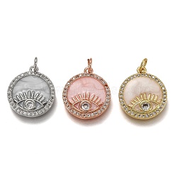 Brass Micro Pave Clear Cubic Zirconia Pendants, Long-Lasting Plated, with Jump Rings & Enamel, Flat Round with Eye, Mixed Color, 18x16x2.7mm, Hole: 3.2mm(ZIRC-B0003-14)