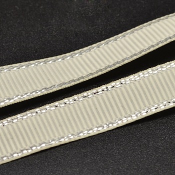 Polyester Grosgrain Ribbons for Gift Packing, Silver Wired Edge Ribbon, Beige, 3/8 inch(9mm), about 100yards/roll(91.44m/roll)