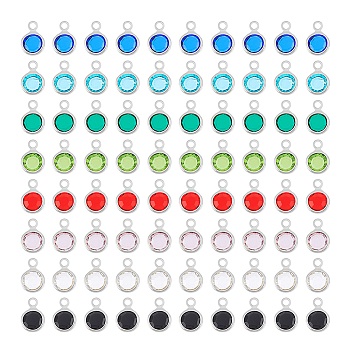 8 Color 304 Stainless Steel with Glass Charms, Faceted Flat Round, Stainless Steel Color, 9.5x6.5x2mm, Hole: 1.5mm, 10Pcs/color, 80Pcs/box