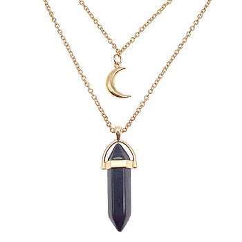 Synthetic Blue Goldstone Cone Pendant Double Layer Necklace, with Moon Charms, 19.69 inch(50cm)