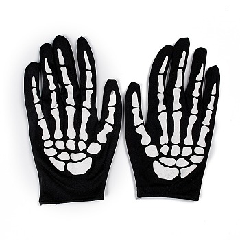 Polyester Skeleton Hand Horror Full Finger Gloves, for Halloween Cosplay Costumes, Black, 223x125x1.5mm