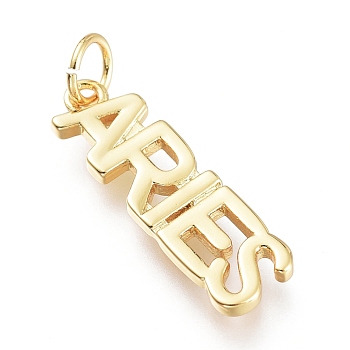 Brass Pendants, with Jump Rings, Long-Lasting Plated, Constellation/Zodiac Sign, Word, Aries, 21x6x2mm, Hole: 3.5mm