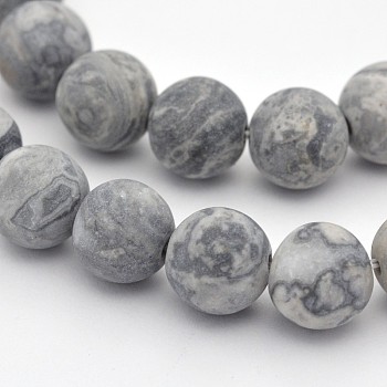 Natural Map Stone/Polychrome Jasper/Picasso Stone/Picasso Jasper Beads Strands, Round, Frosted, Dark Gray, 6mm, Hole: 1mm, about 59pcs/strand, 15 inch