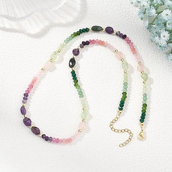 Dyed Natural Malaysia Jade Faceted Rondelle and Mixed Stone Nuggets Beaded Necklaces for Women, Golden, Colorful, 20.35 inch(51.7cm)