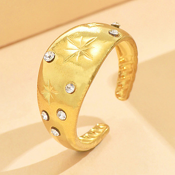 304 Stainless Steel Crystal Rhinestone Cuff Open Rings, Star, Golden, 17mm