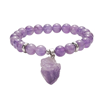 Round Natural Amethyst Beaded Stretch Bracelet with Nuggets Charms for Women, Inner Diameter: 2-1/8 inch(5.5cm)