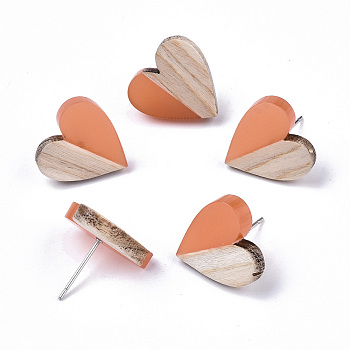 Transparent Resin & Wood Stud Earrings, with 304 Stainless Steel Pin, Heart, Light Salmon, 15x14~15mm, Pin: 0.7mm