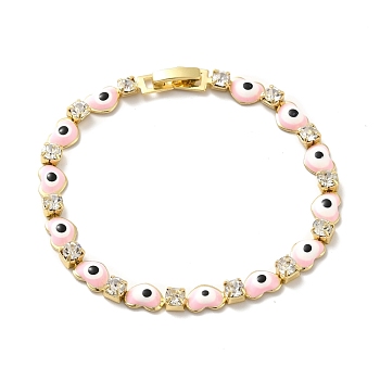 Rack Plating Iron Heart & Square Link Chains Bracelets, Enamel Evil Eye Bracelet with Clear Cubic Zirconia, Golden, Pink, 7-5/8 inch(19.5cm)