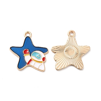 Rack Plating Alloy Enamel Pendants, Star with Astronaut Charm, Light Gold, Marine Blue, 21.5x20x1mm, Hole: 1.5mm