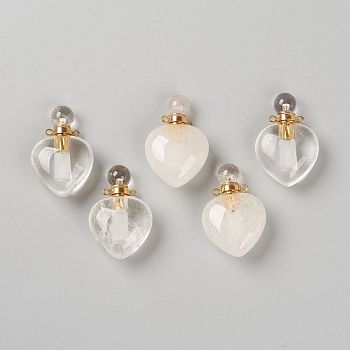 Natural Quartz Crystal Pendants, Openable Perfume Bottle, with Golden Tone Brass Findings, Heart Shape, 33~35x22~23x12~13mm, Hole: 3.5mm, capacity: 1ml(0.03 fl. oz)