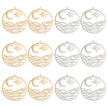 12Pcs 2 Colors 201 Stainless Steel Pendants, Flat Round with Star & Moon, Real Gold Plated & Stainless Steel Color, 33x31x1mm, Hole: 1.4mm, 6pcs/color