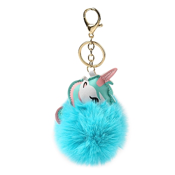 Imitation Rex Rabbit Fur Ball & PU Leather Unicorn Pendant Keychain, with Alloy Clasp, for Bag Car Pendant Decoration, Cyan, 17.5cm