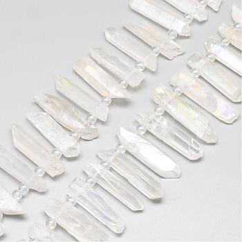 Plated Natural Quartz Crystal Beads Strands, Rock Crystal, AB Color Plated, 25~45x4~10x4~10mm, Hole: 1mm, about 36pcs/strand, 15.7 inch
