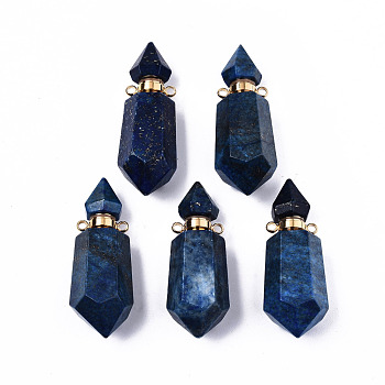 Faceted Natural Lapis Lazuli Pendants, Openable Perfume Bottle, with Golden Tone Brass Findings, Hexagon, 40~41.5x15x13.5mm, Hole: 1.8mm, Bottle Capacity: 1ml(0.034 fl. oz)