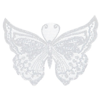 Sew on Sequin Polyester Clothing Patches, with Glass Seed Beads & Imitation Pearl Beads, Butterfly, White, 170~180x220~230x4mm