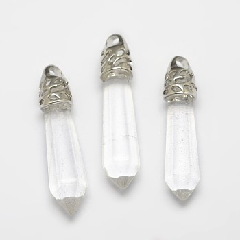 Faceted Bullet Glass Pointed Pendants, with Platinum Plated Brass Findings, Clear, 34~45x8~10mm, Hole: 3mm
