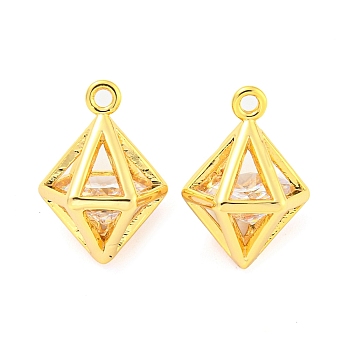 Brass Pave Cubic Zirconia Pendants, Rhombus, Clear, Real 18K Gold Plated, 15x10.5x9mm, Hole: 1.2mm