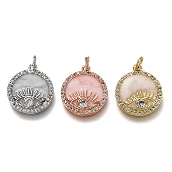Brass Micro Pave Clear Cubic Zirconia Pendants, Long-Lasting Plated, with Jump Rings & Enamel, Flat Round with Eye, Mixed Color, 18x16x2.7mm, Hole: 3.2mm