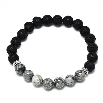 Natural Picasso Jasper Beads Stretch Bracelets, with Synthetic Lava Rock Beads and Alloy Beads, Round, Inner Diameter: 2-1/8 inch(5.5cm), Beads: 8.5mm