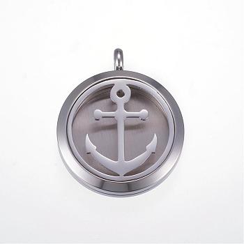 304 Stainless Steel Diffuser Locket Pendants, with Magnetic Clasp, Flat Round with Anchor, Stainless Steel Color, 36.5x30x8mm, Hole: 5mm