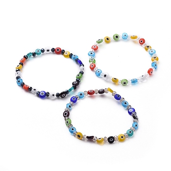Handmade Evil Eye Lampwork Flat Round Beads Stretch Bracelets, with Faceted Rondelle Glass Beads, Mixed Color, 2 inch(5cm)