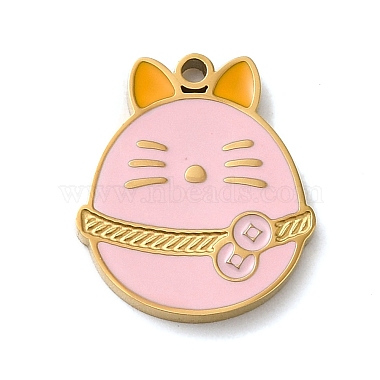 Real 18K Gold Plated Pink Cat Shape Stainless Steel+Enamel Pendants