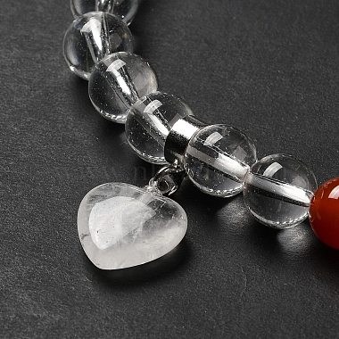 Natural Quartz Crystal & Mixed Gemstone Beaded Stretch Bracelet with Heart Charm for Women(BJEW-K164-B25)-4
