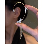 Fashionable Tassel Brass Cuff Earrings, with High Sense of Curve, with Rhinestone, Butterfly, Light Gold, 110x45mm(WGDF8A9-07)