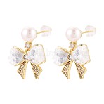 Bowknot Brass Micro Pave Clear Cubic Zirconia Dangle Stud Earrings, with Natural Pearl & Glass & Enamel & 925 Sterling Silver Pins, Long-Lasting Plated, Real 18K Gold Plated, 23x16.5mm(PEAR-N017-07C)