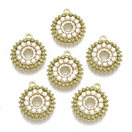 Alloy Pendants, with Plastic Imitation Pearl and Brass Bead Chains, Flat Round, Light Gold, Olive, 22.5x19.5x4.5mm, Hole: 1.8mm(X-PALLOY-S177-73C)