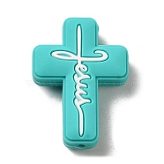 Silicone Beads, Cross with Word Jesus, Dark Turquoise, 30x22x8mm, Hole: 2.5mm(SIL-Z010-01D)