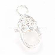 Alloy Rhinestone Lobster Claw Clasps, Heart, Silver Color Plated, 26.5~27x14x6.5mm, Hole: 4mm(KK-S301-02)