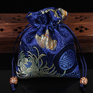 Chinese Style Flower Pattern Satin Jewelry Packing Pouches, Drawstring Gift Bags, Rectangle, Blue, 14x11cm(PW-WG37271-40)