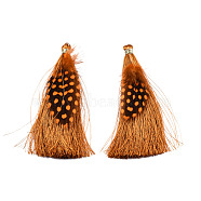 Polyester Tassel Big Pendant Decorations, with Feather and Iron Findings, Goldenrod, 96~100x7mm, Hole: 5mm(FIND-T043-07)