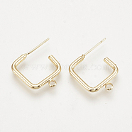 Brass Stud Earring Findings, with Loop, Square, Nickel Free, Real 18K Gold Plated, 19x16x2mm, Hole: 1.5mm, Pin: 0.8mm(X-KK-S343-32G)