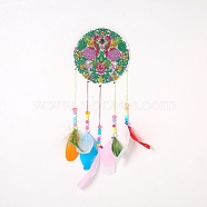 DIY Diamond Painting Hanging Woven Net/Web with Feather Pendant Kits, Including Acrylic Plate, Pen, Tray, Bells and Random Color Feather, Wind Chime Crafts for Home Decor, Flamingo Pattern, 400x146mm(DIY-I084-14)
