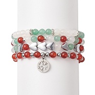 Natural Carnelian(Dyed & Heated) & Green Aventurine & White Agate Beaded Stretch Bracelet Set with Non-magnetic Synthetic Hematite Heart, 304 Stainless Steel Snowflake Charm Bracelet for Women, Inner Diameter: 2-1/2 inch(6.5cm), 4pcs/set(BJEW-JB09182)