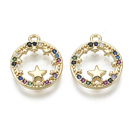 Brass Micro Pave Cubic Zirconia Charms, Nickel Free, Flat Round with Star, Colorful, Real 18K Gold Plated, 14x12x2mm, Hole: 1.2mm(KK-S348-535-NF)