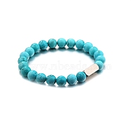 Synthetic Turquoise Round Beaded Stretch Bracelet, with Stamping Blank Stainless Steel Cube Beaded, 7-1/4 inch(18.5cm)(PW-WG80752-08)