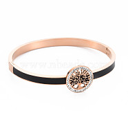 Crystal Rhinestone Flat Round with Tree of Life Bangle, Stainless Steel Hinged Bangle with Enamel for Women, Rose Gold, Inner Diameter: 2x2-1/4 inch(5x5.7cm)(BJEW-N017-005RG)