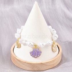 Ocean Brass Micro Pave Clear Cubic Zirconia and Enamel Plum Shell Shape Charm Bracelets for Women, with ABS Imitation Keshi Pearl Beads, Rack Plating, Long-Lasting Plated, Cadmium Free & Lead Free, Real 18K Gold Plated, 7.76 inch(19.7cm)(KK-CBA68DA-06G)