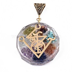 Transparent Epoxy Resin Alchemy Pendants, with Natural Gemstone Chip, Gold Foil, Flat Round with Magic Pattern, Colorful, 39.5x35.5x10.5~11.5mm, Hole: 5x9mm(RESI-T049-14)