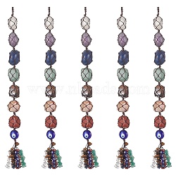 7 Chakra Nuggets Natural Gemstone Pocket Pendant Decorations, Nylon Thread and Gemstone Chip Tassel Hanging Ornaments, Coconut Brown, 340x22mm(HJEW-JM01049-03)