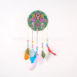 DIY Diamond Painting Hanging Woven Net/Web with Feather Pendant Kits, Including Acrylic Plate, Pen, Tray, Feather and Bells, Wind Chime Crafts for Home Decor, Flamingo Pattern, 400x146mm(DIY-I084-14)