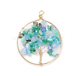 Electroplate Glass Pendants, with Real 18K Gold Plated Tone Eco-Friendly Copper Wire, Ring with Tree, Turquoise, 47~50x38~39x5~6mm, Hole: 2.5~4.5mm(PALLOY-JF01546-01)