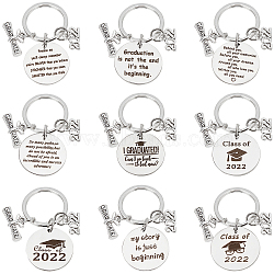 Elite 9Pcs 9 Style Graduation Theme 201 Stainless Steel Keychain Clasps,  with Number 2022 Charm & Diploma Pendant, Flat Round, Stainless Steel Color, 5.2cm, 1pc/style(KEYC-PH0001-52)