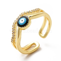 Enamel Evil Eye & Cubic Zirconia Wave Open Cuff Ring, Brass Jewelry for Women, Real 18K Gold Plated, US Size 7 3/4(17.9mm)(KK-H439-37G)