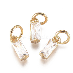 Brass Micro Pave Cubic Zirconia Charms, Long-Lasting Plated, with Jump Ring, Real 18K Gold Plated, Rectangle, Clear, 10x3x3mm, Hole: 3mm(ZIRC-F111-03G-06)