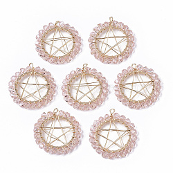 Glass Pendants, Wire Wrapped Pendants, with Real 18K Gold Plated Brass Wires and Linking Rings, Nickel Free, Star, Pink, 26.5x24x3mm, Hole: 2.5mm(X-KK-S354-004A-NF)